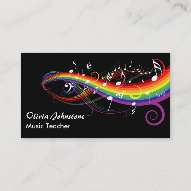 Personalised Rainbow White Music Notes on Black Business Card (Front)