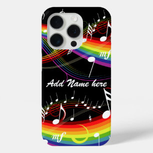 Personalised Rainbow White Music Notes on Black iPhone 15 Pro Case