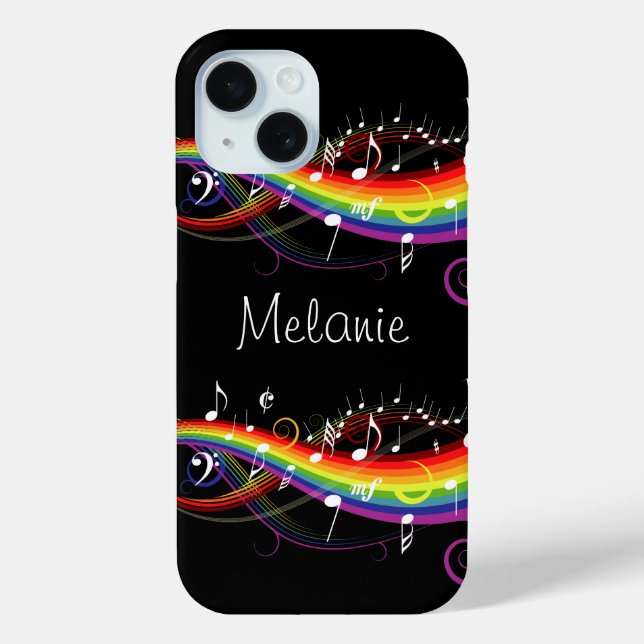 Personalised Rainbow White Music Notes on Black Case-Mate iPhone Case (Back)