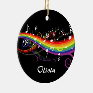 Personalised Rainbow White Music Notes on Black Ceramic Tree Decoration
