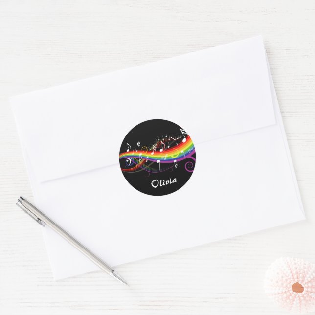 Personalised Rainbow White Music Notes on Black Classic Round Sticker (Envelope)