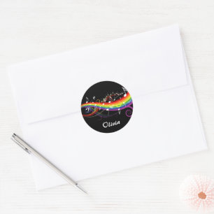 Personalised Rainbow White Music Notes on Black Classic Round Sticker