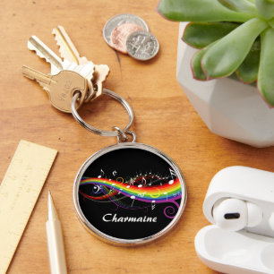 Personalised Rainbow White Music Notes on Black Key Ring