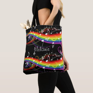 Personalised Rainbow White Music Notes on Black Tote Bag
