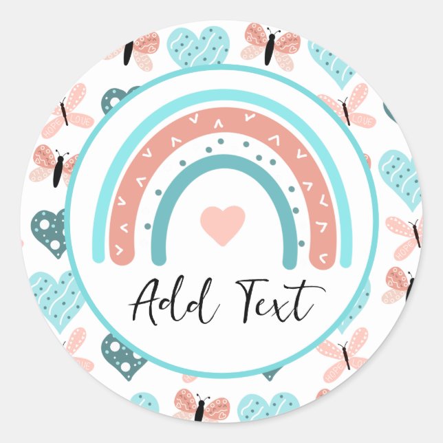 Personalised Rainbows, Butterflies and Hearts Classic Round Sticker (Front)