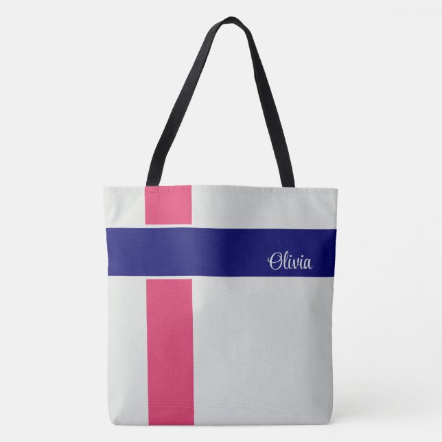 Personalised Raspberry Dark Blue Stripes Tote Bag (Front)