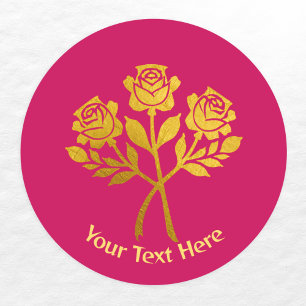 Personalised Raspberry Pink Faux Gold Floral Roses Classic Round Sticker