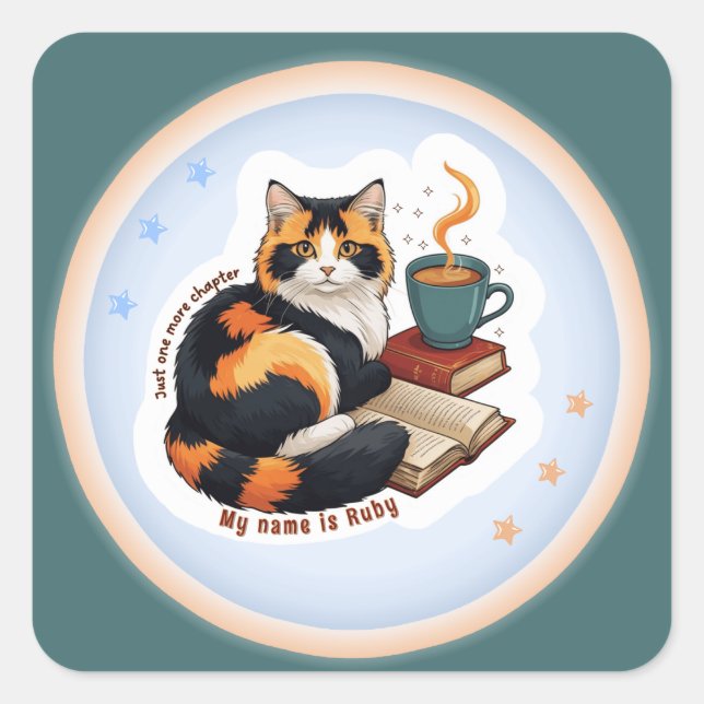 Personalised Reading Calico Cat Square Sticker (Front)