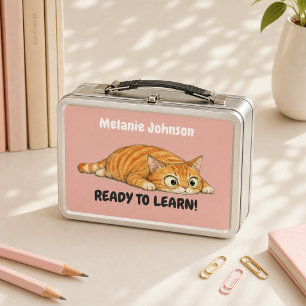 Personalised Ready to Learn Orange Cat Pink Metal Lunch Box