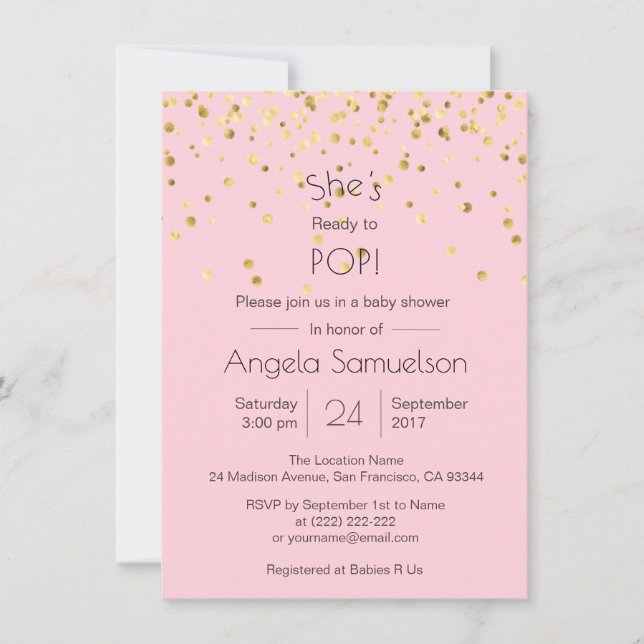 Personalised READY TO POP Pink Gold Baby Shower Invitation (Front)