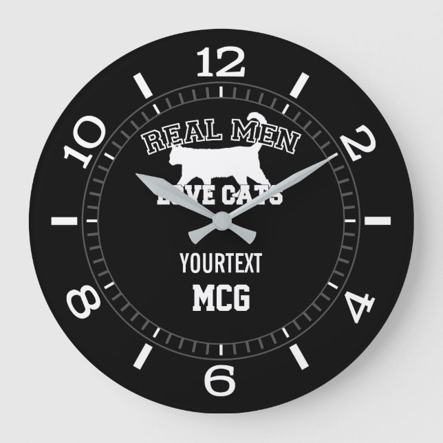 Personalised Real Men Love Cats Silhouette on a Large Clock (Front)