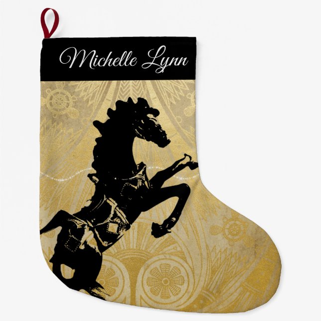 Personalised Rearing Horse Golden Large Christmas Stocking (Front)