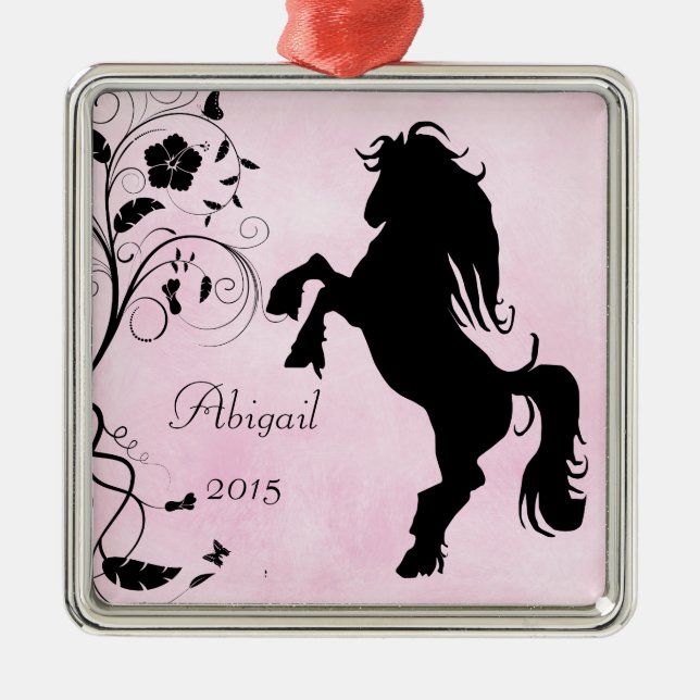 Personalised Rearing Silhouette Horse Pink Black Metal Tree Decoration (Front)