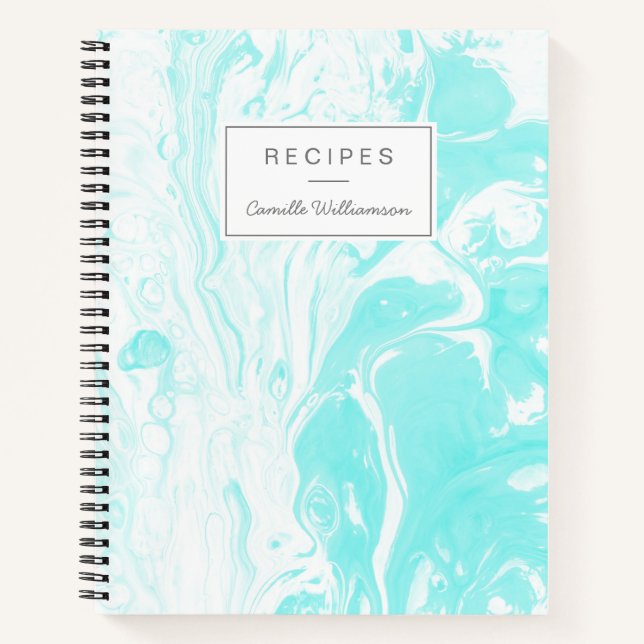 Personalised Recipe Aqua Blue Marble Home Cooks Notebook (Front)