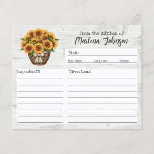 Personalised Recipe Card Rustic Wood & Sunflowers
