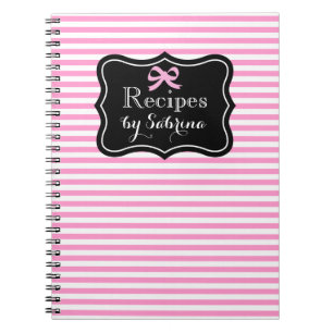 Personalised recipe notebook   Pink stripes & bow