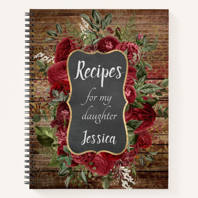 Personalised Recipes for my Daughter Red Floral Notebook (Front)