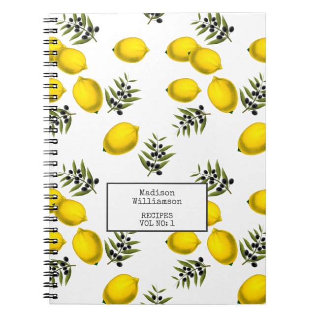 Personalised Recipes Lemon and Olive Pattern Notebook (Front)