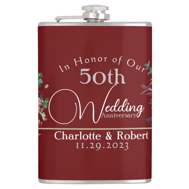 Personalised Red 50th Couples Wedding Anniversary  Hip Flask (Front)