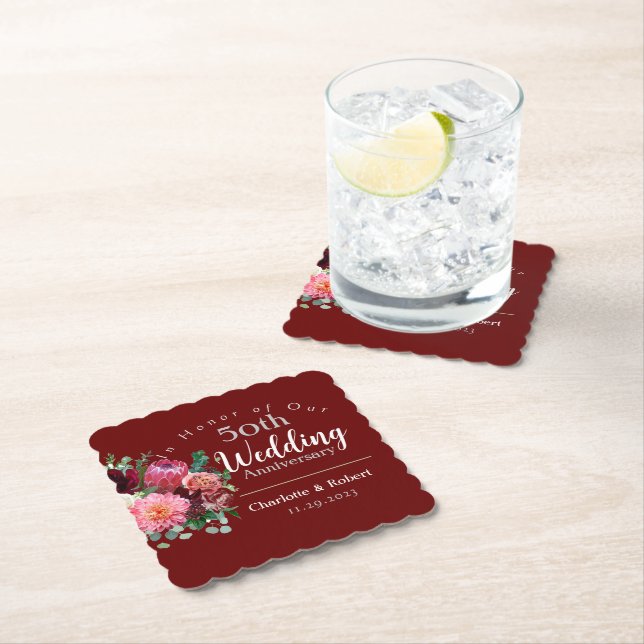Personalised Red 50th Couples Wedding Anniversary  Paper Coaster (Insitu)