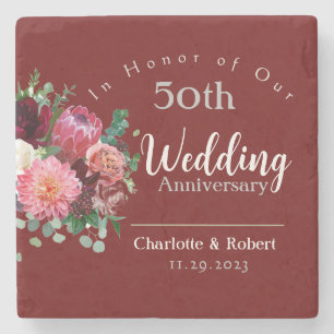 Personalised Red 50th Couples Wedding Anniversary Stone Coaster