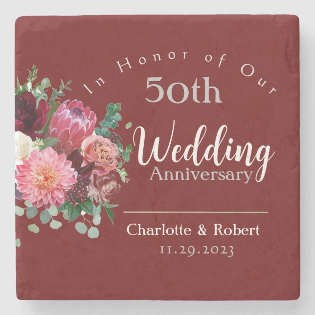 Personalised Red 50th Couples Wedding Anniversary  Stone Coaster (Front)