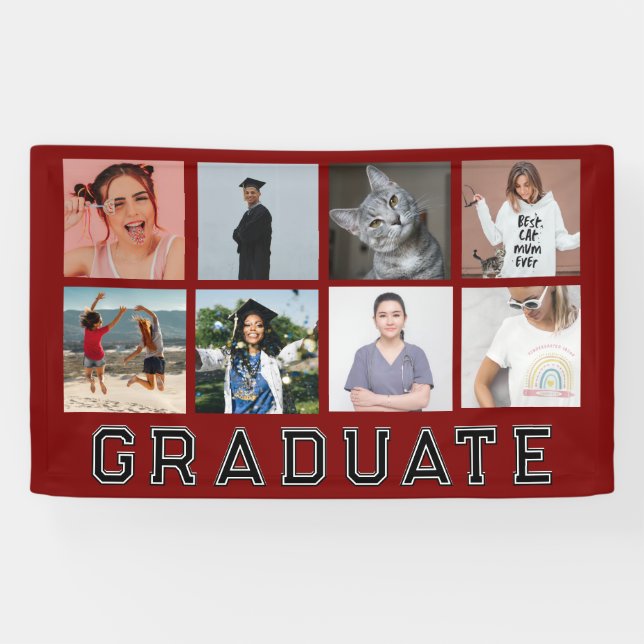 Personalised Red 8 Photo Collage Graduation Banner (Horizontal)