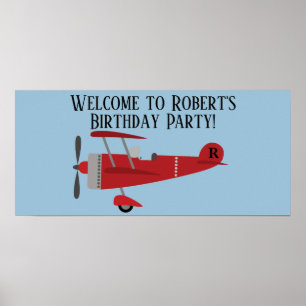 Personalised Red Aeroplane Blue Birthday Party Poster