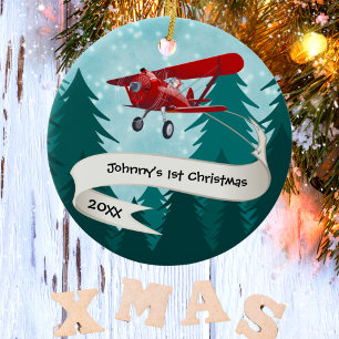 Personalised,Red Aeroplane & Santa, First Christma Ceramic Tree Decoration