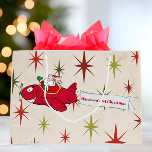 Personalised,Red Aeroplane & Santa, First Christma Large Gift Bag