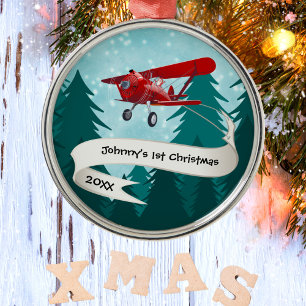 Personalised,Red Aeroplane & Santa, First Christma Metal Tree Decoration