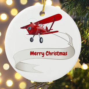 Personalised,Red Aeroplane & Santa, Merry Christma Ceramic Tree Decoration