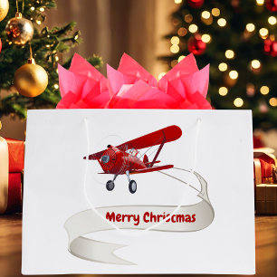 Personalised,Red Aeroplane & Santa, Merry Christma Large Gift Bag