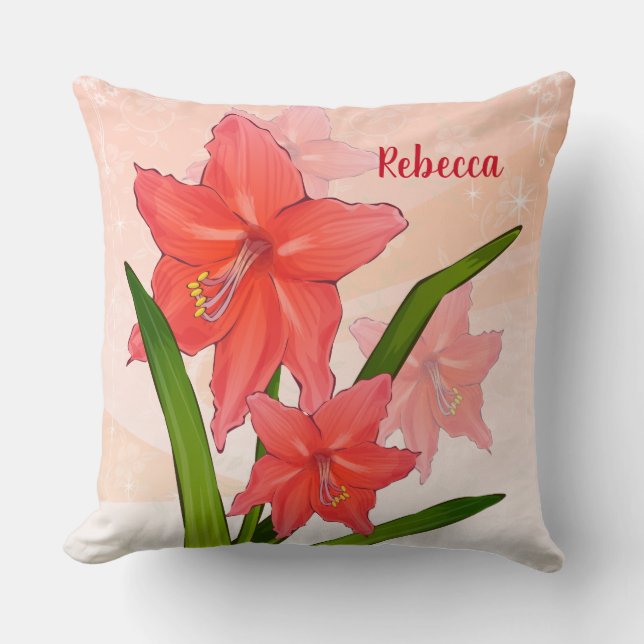 Personalised Red Amaryllis Flowers Cushion (Front)