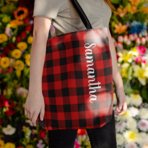 Personalised Red and Black Buffalo Check Tote Bag