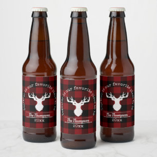 Personalised Red and Black Buffalo Plaid Beer Bottle Label
