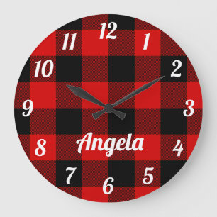 Personalised Red and Black Buffalo Plaid Large Clock
