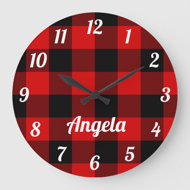 Personalised Red and Black Buffalo Plaid Large Clock (Front)