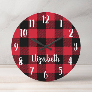 Personalised Red and Black Buffalo Plaid Round Clock