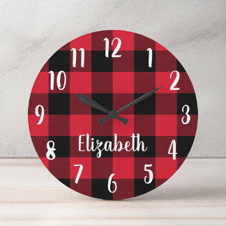 Personalised Red and Black Buffalo Plaid Round Clock