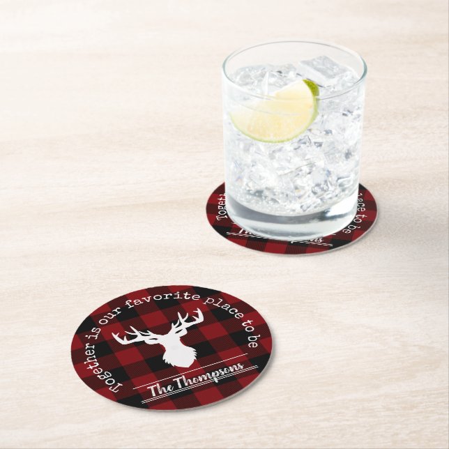 Personalised Red and Black Buffalo Plaid Round Paper Coaster (Insitu)