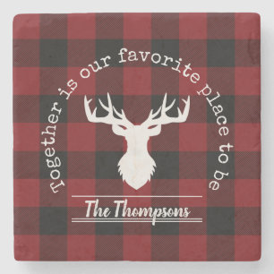 Personalised Red and Black Buffalo Plaid Stone Coaster