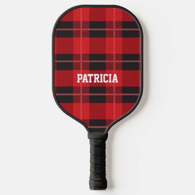 Personalised Red and Black Plaid Pickleball Paddle (Front)