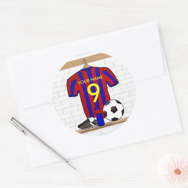 Personalised Red and Blue Football Soccer Jersey Classic Round Sticker (Envelope)