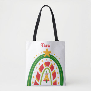 Personalised Red and Green Christmas Rainbow  Tote Bag