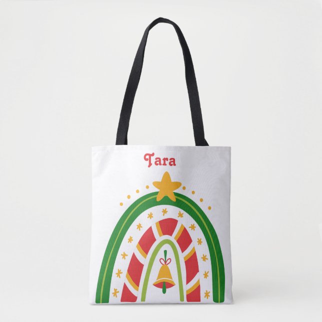 Personalised Red and Green Christmas Rainbow  Tote Bag (Front)