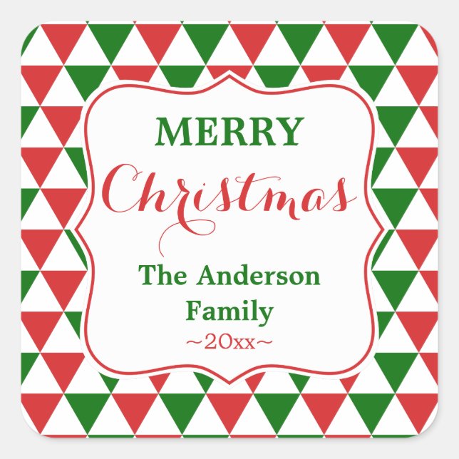 Personalised Red and Green Christmas Triangle Square Sticker (Front)