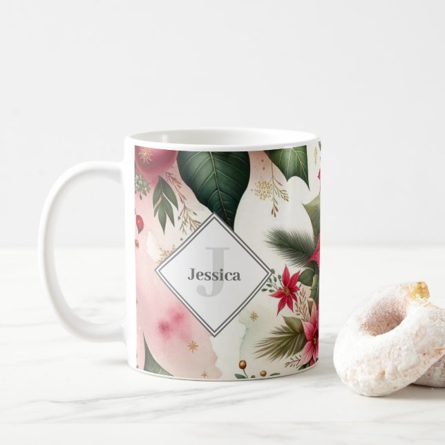 Personalised Red and Green Holiday Poinsettia Coffee Mug (With Donut)