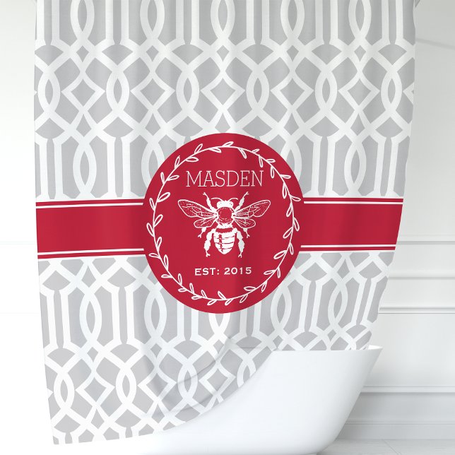 Personalised Red and Grey Honey Bee Shower Curtain (Creator Uploaded)