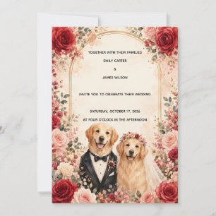 Personalised Red and Pink Rose Golden Retriever Invitation